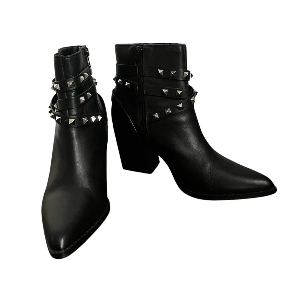 Steve Madden Black Leather Silver Studded Pointed Toe Boots Urban Western 9.5